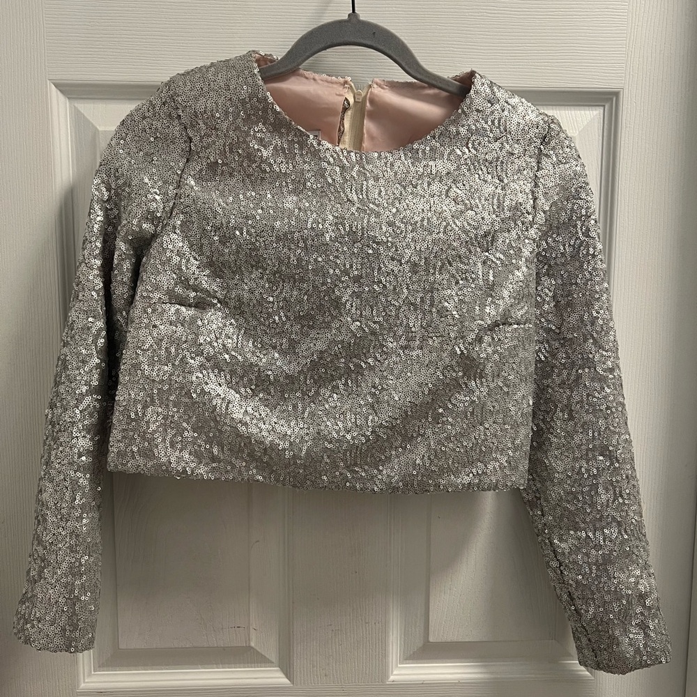 Silver Cropped Long Sleeve Blouse with Sequin and Peter Pan Collar
